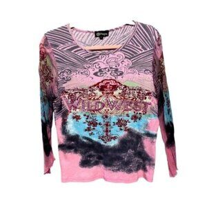 Vintage 90s Y2K Pink Maximalist Cotton Crewneck Top Mesh Sleeves Boho Women's Lg
